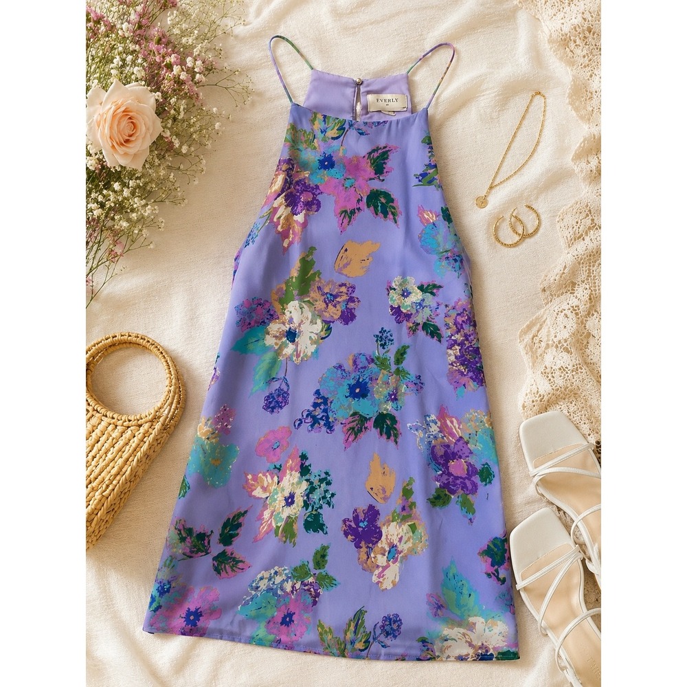 Everly Lavender Floral Halter Mini Dress Cottagecore Garden Party Dress Large